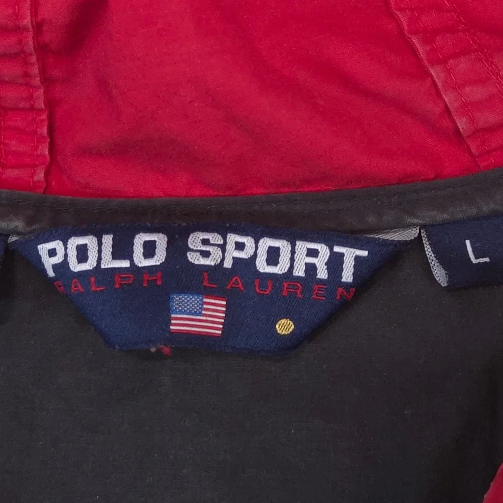 Vtg Polo Sport Ralph Lauren Mens Windbreaker Jacket L Black Red Hood 90s Hip Hop